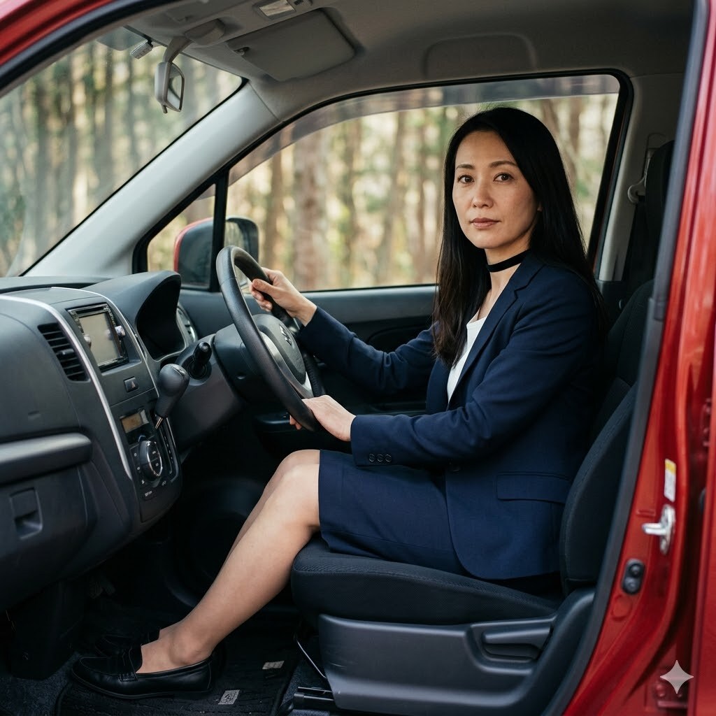 赤いワゴンRを運転する熟女40歳