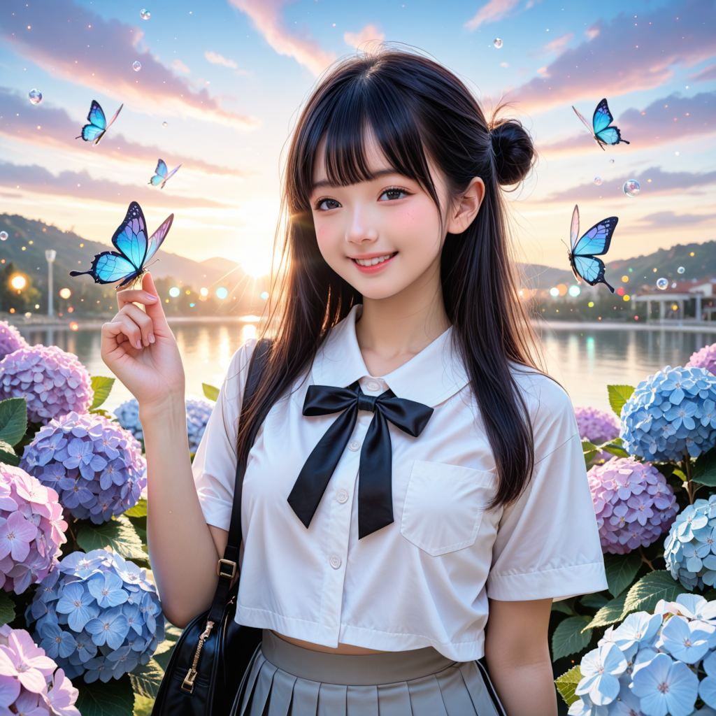 紫陽花と女子高生