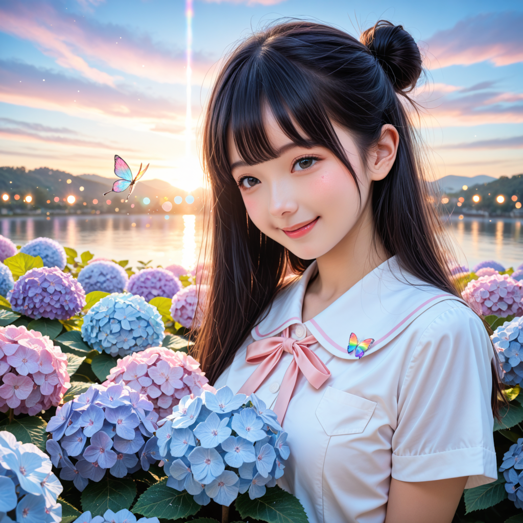 紫陽花と女子高生