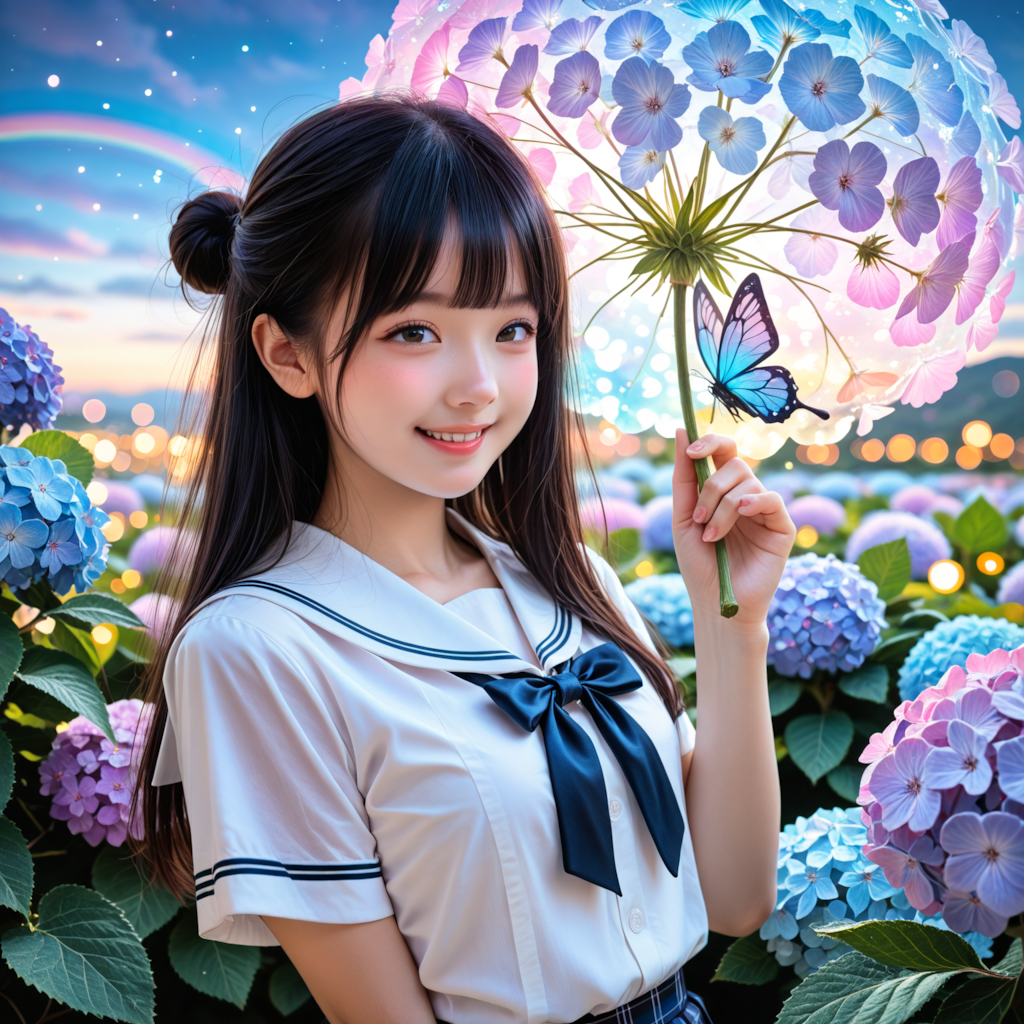 紫陽花と女子高生
