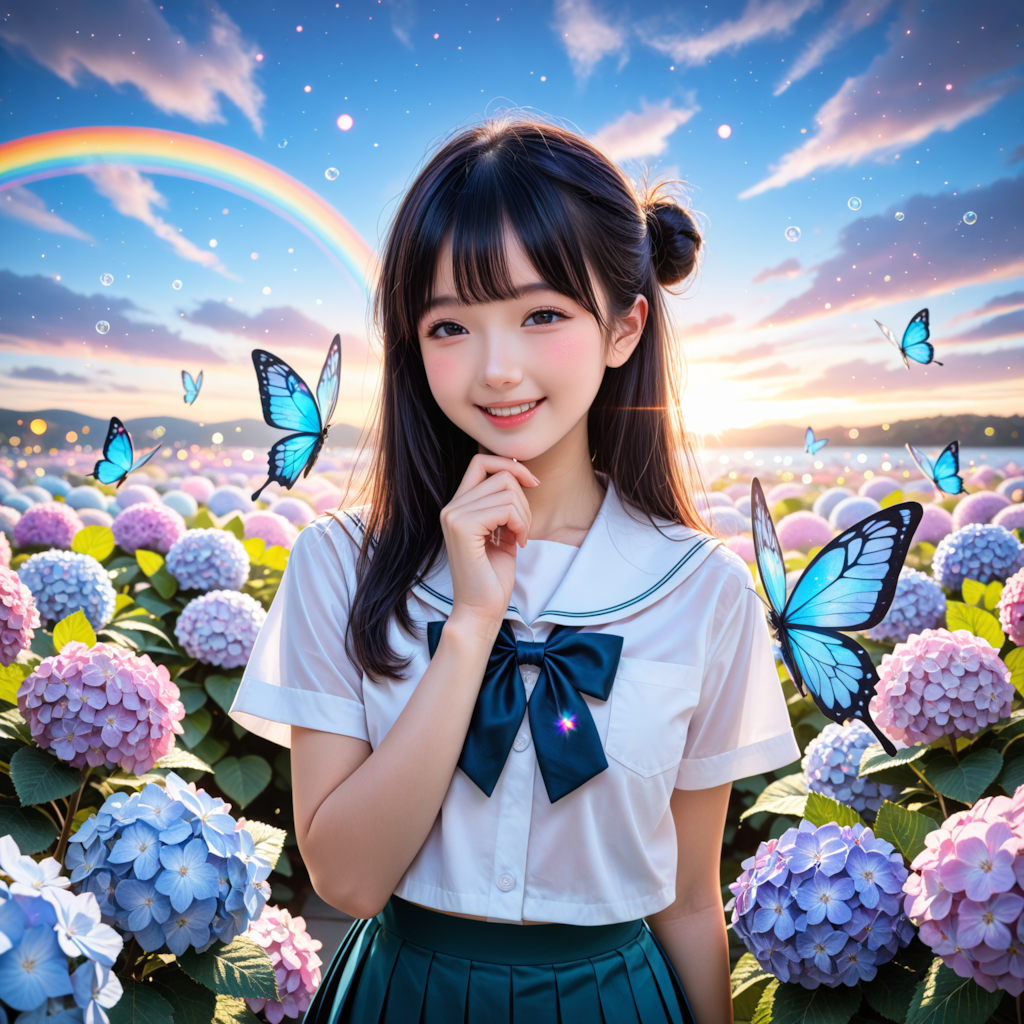 紫陽花と女子高生