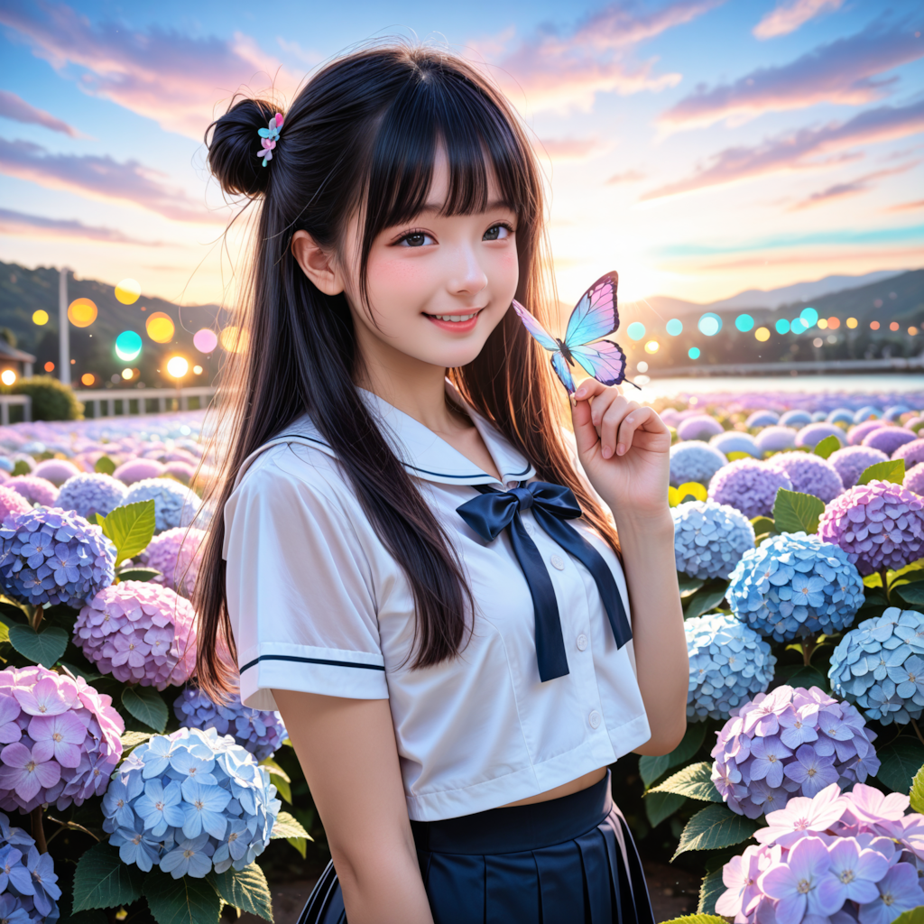 紫陽花と女子高生