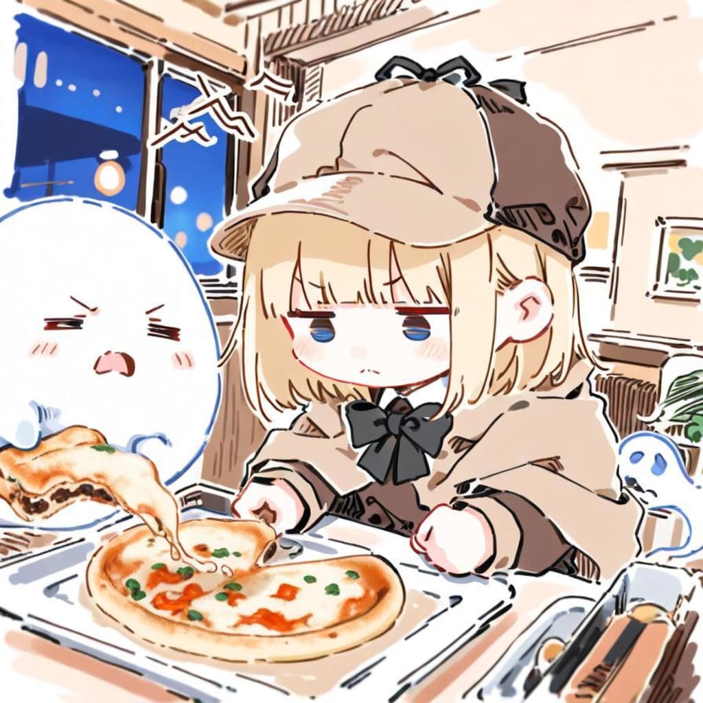 ( -ω-)事件のカギはおピッツァにあるハズや…🍕👻