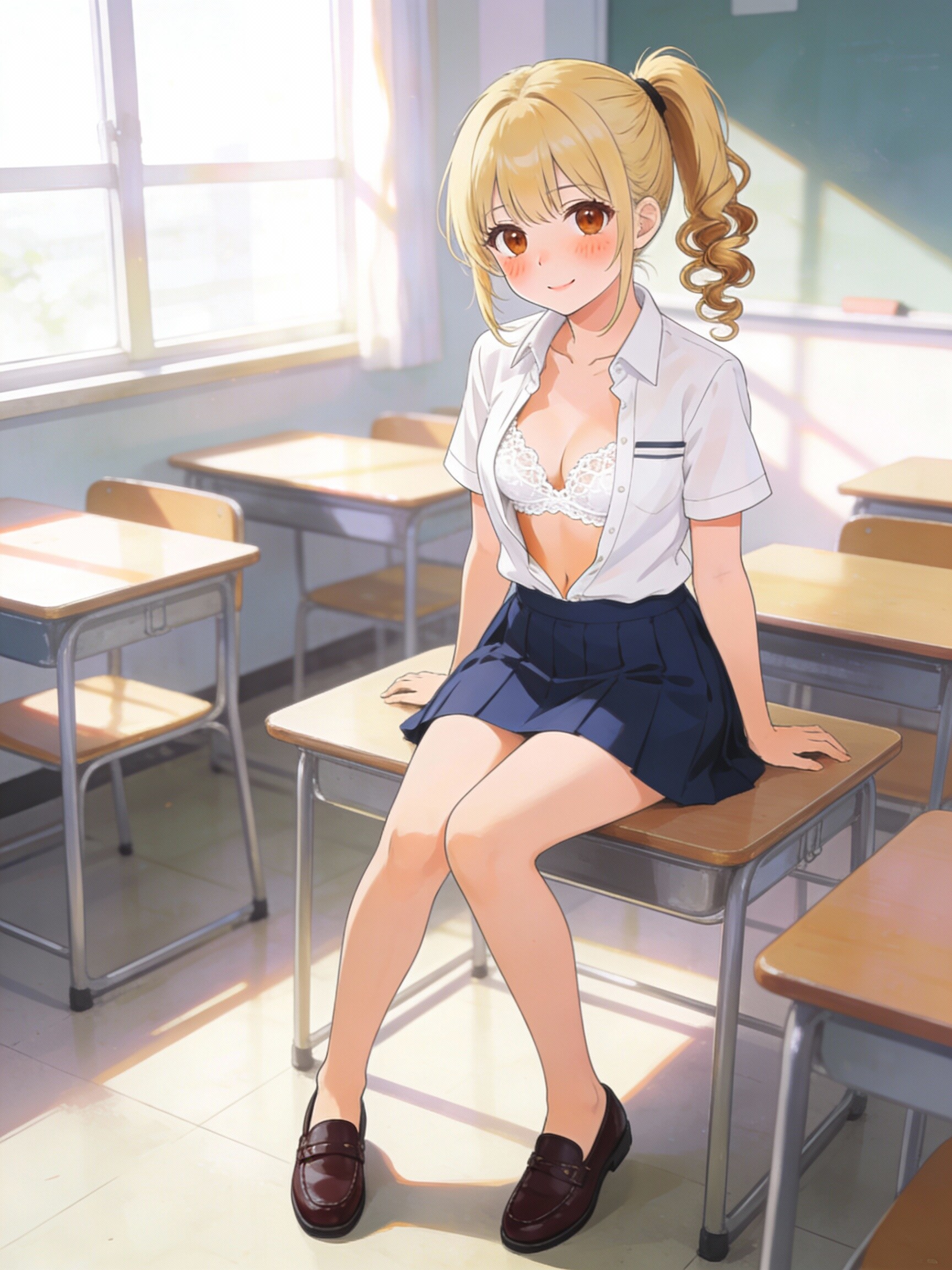 教室で胸を空けている変態女子高生