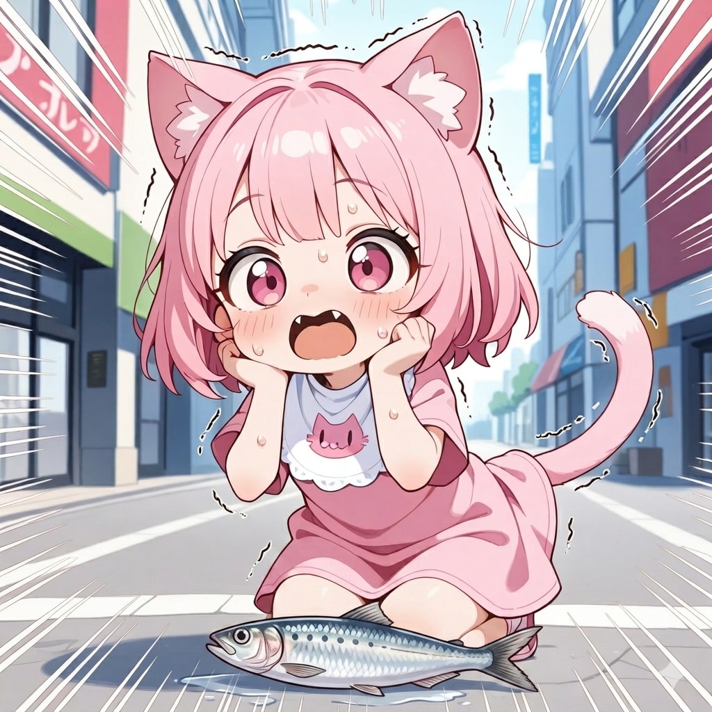 咥えていたおさかにゃを落としてしまい、狼狽えるねこちゃん！！