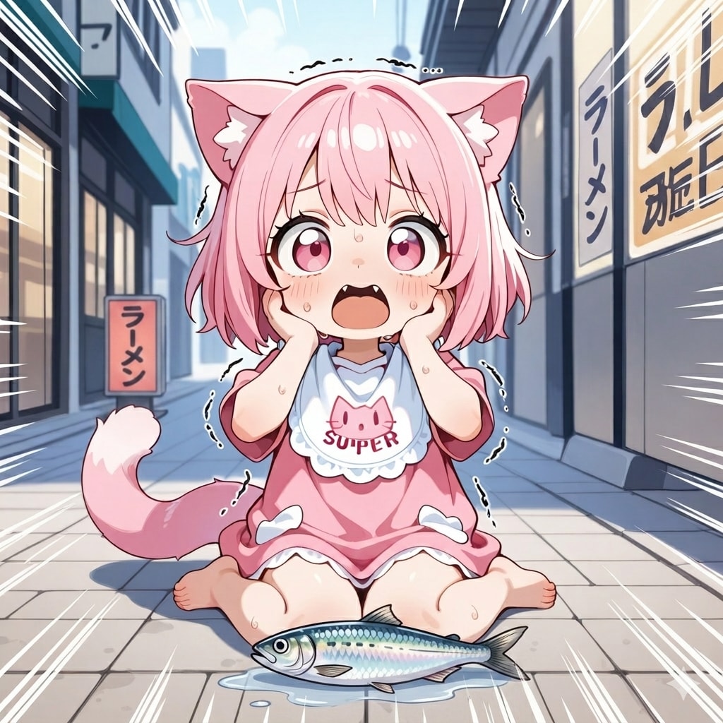 咥えていたおさかにゃを落としてしまい、狼狽えるねこちゃん！！