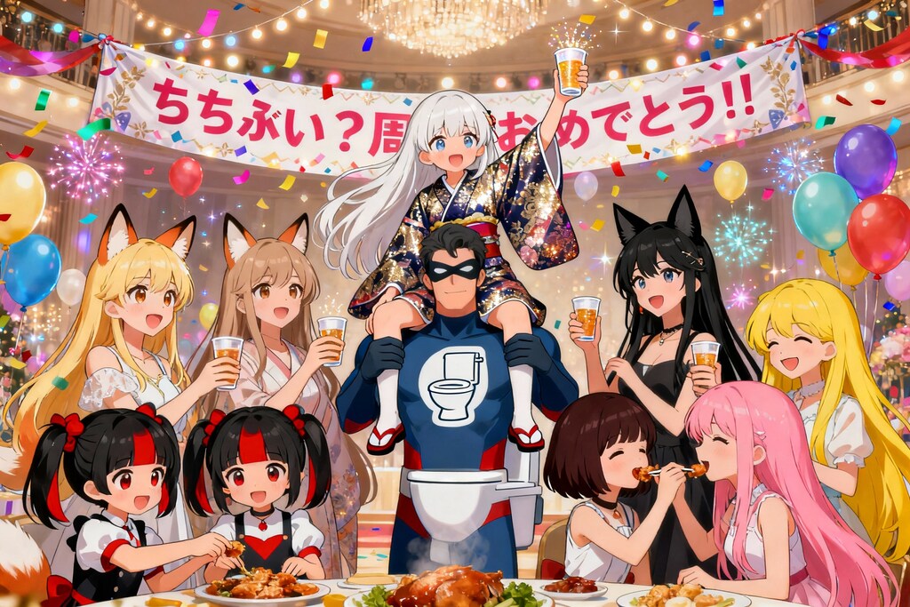 ちちぷい3周年パーティーに参加するウチの子たちと便器マン