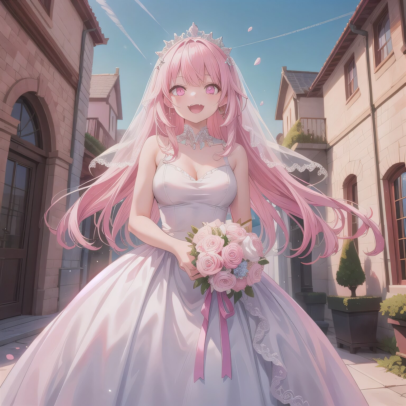 ピンク髪ロングでウェディングドレスの少女５ | の人気AIイラスト・グラビア