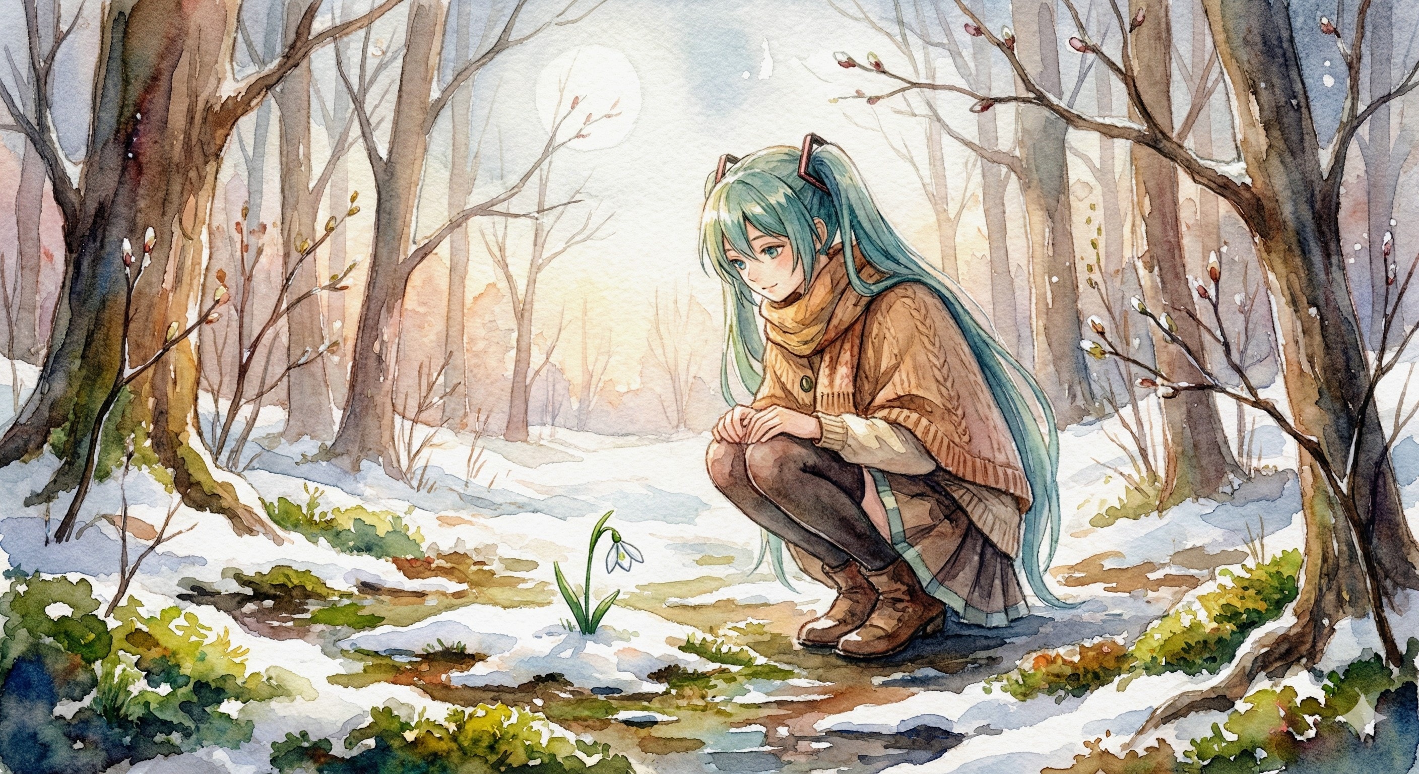 水彩画ミクさん　雪解けの森、スノードロップと内緒話 | の人気AIイラスト・グラビア