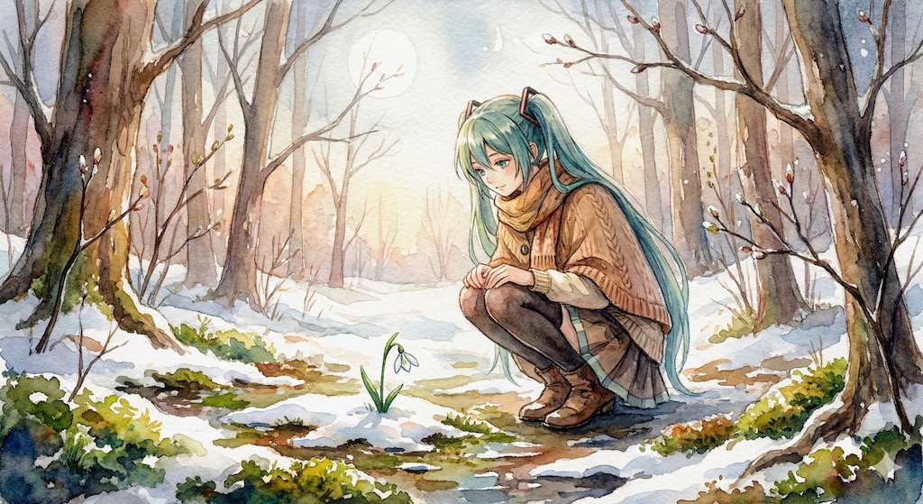 水彩画ミクさん　雪解けの森、スノードロップと内緒話