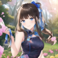 a charming girl wears a China dress with peony print 5枚目