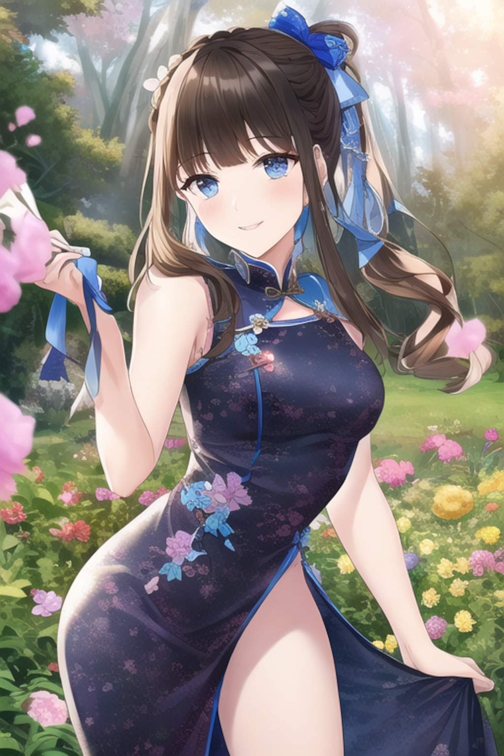 a charming girl wears a China dress with peony print