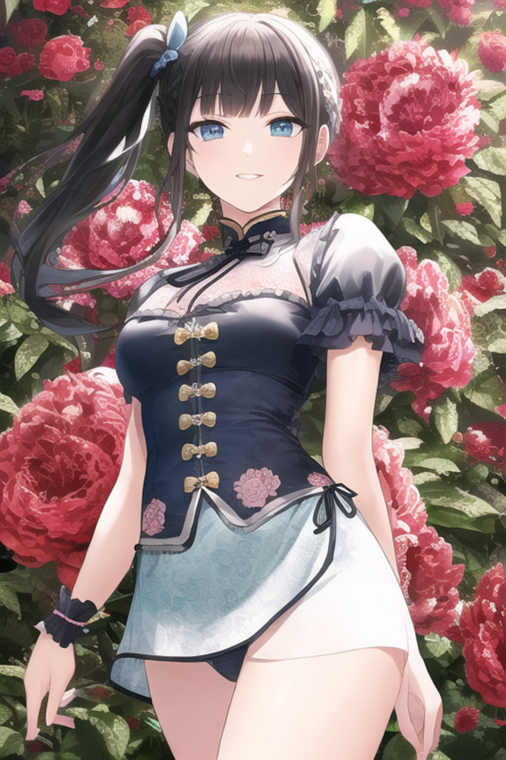 a charming girl wears a China dress with peony print