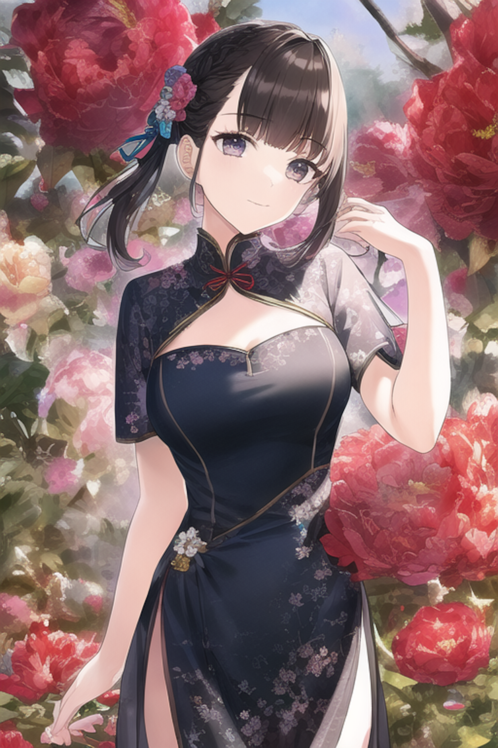 a charming girl wears a China dress with peony print