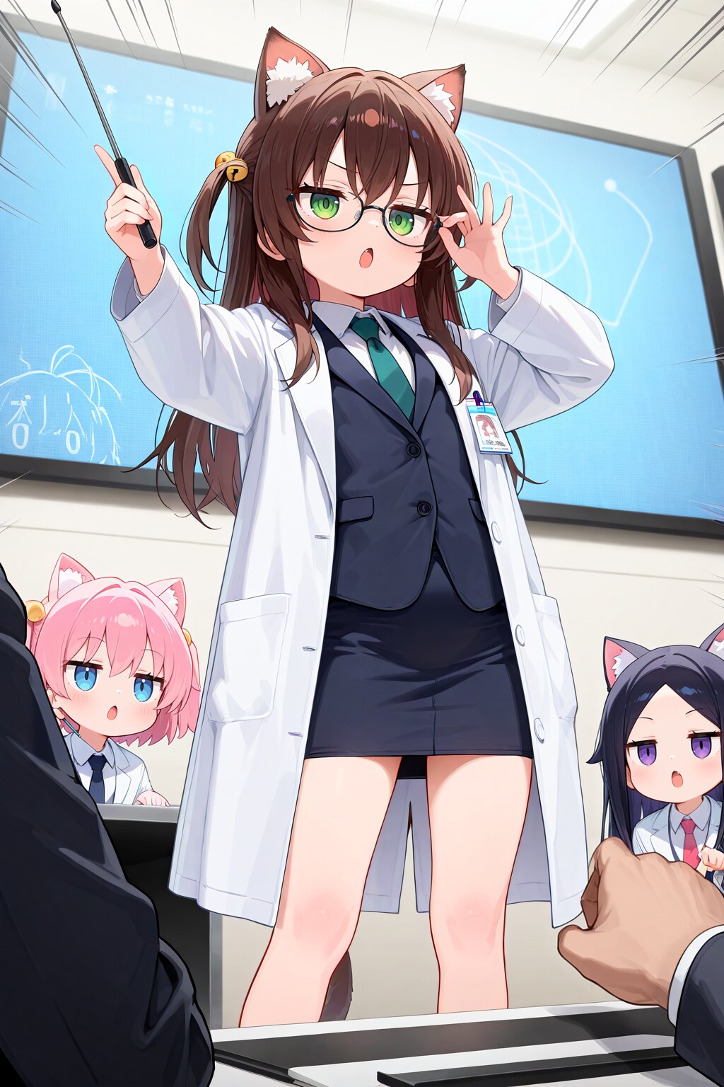 ジト目とネコミミのシナジー効果について学会で学説を主張するジト目ネコミミ学者