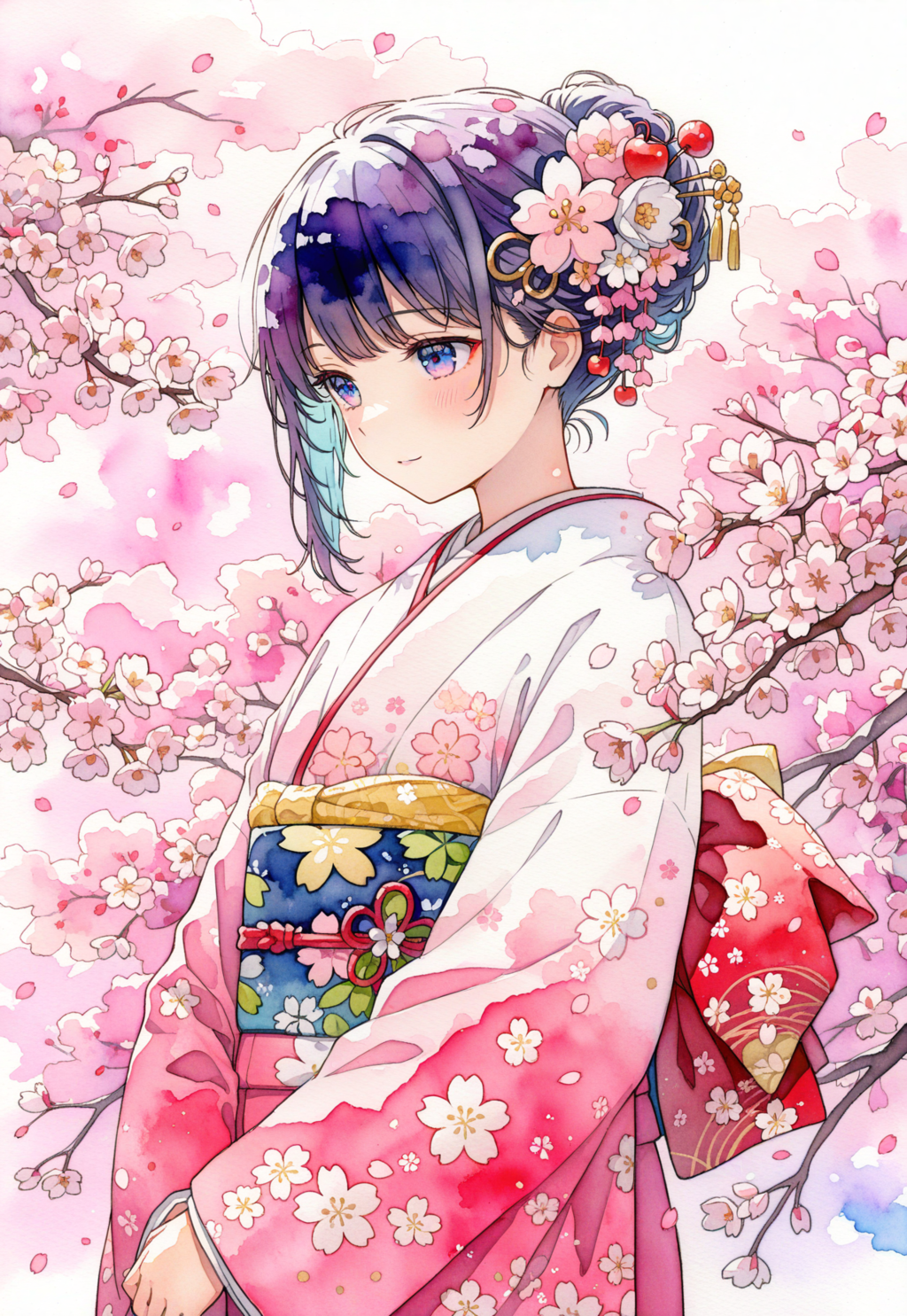 水彩画風『桜と着物』