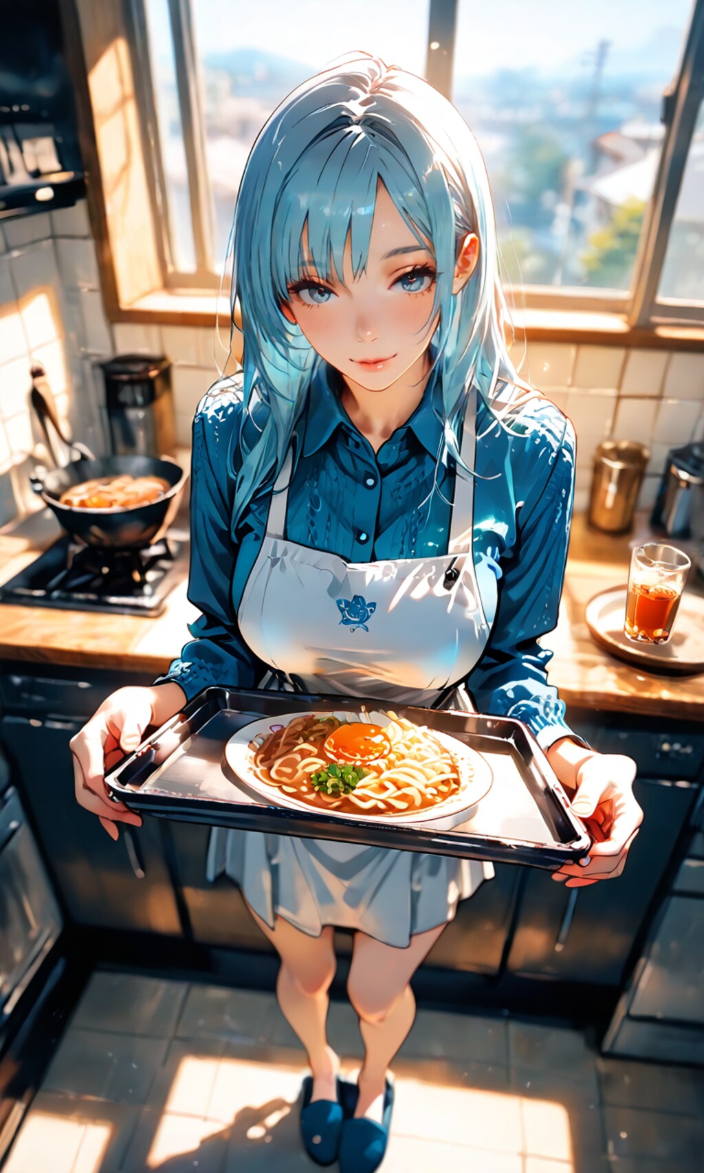 三輪霞、麦茶とうどんを運ぶ昼の台所