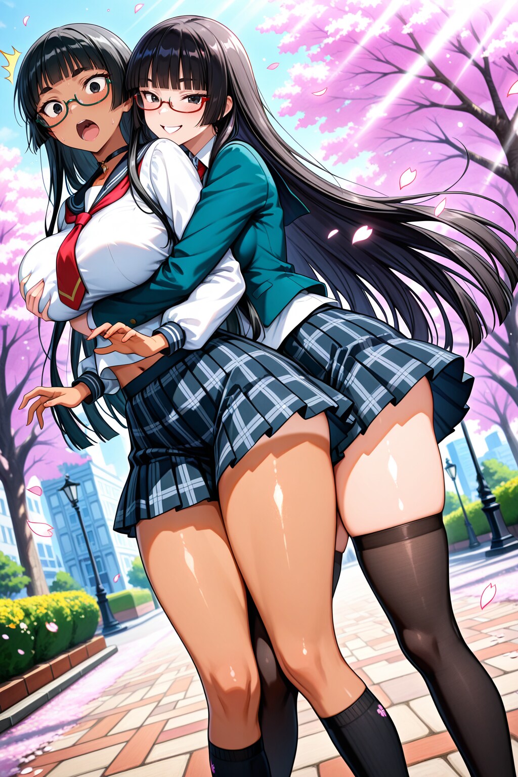 桜並木でじゃれ合う二人