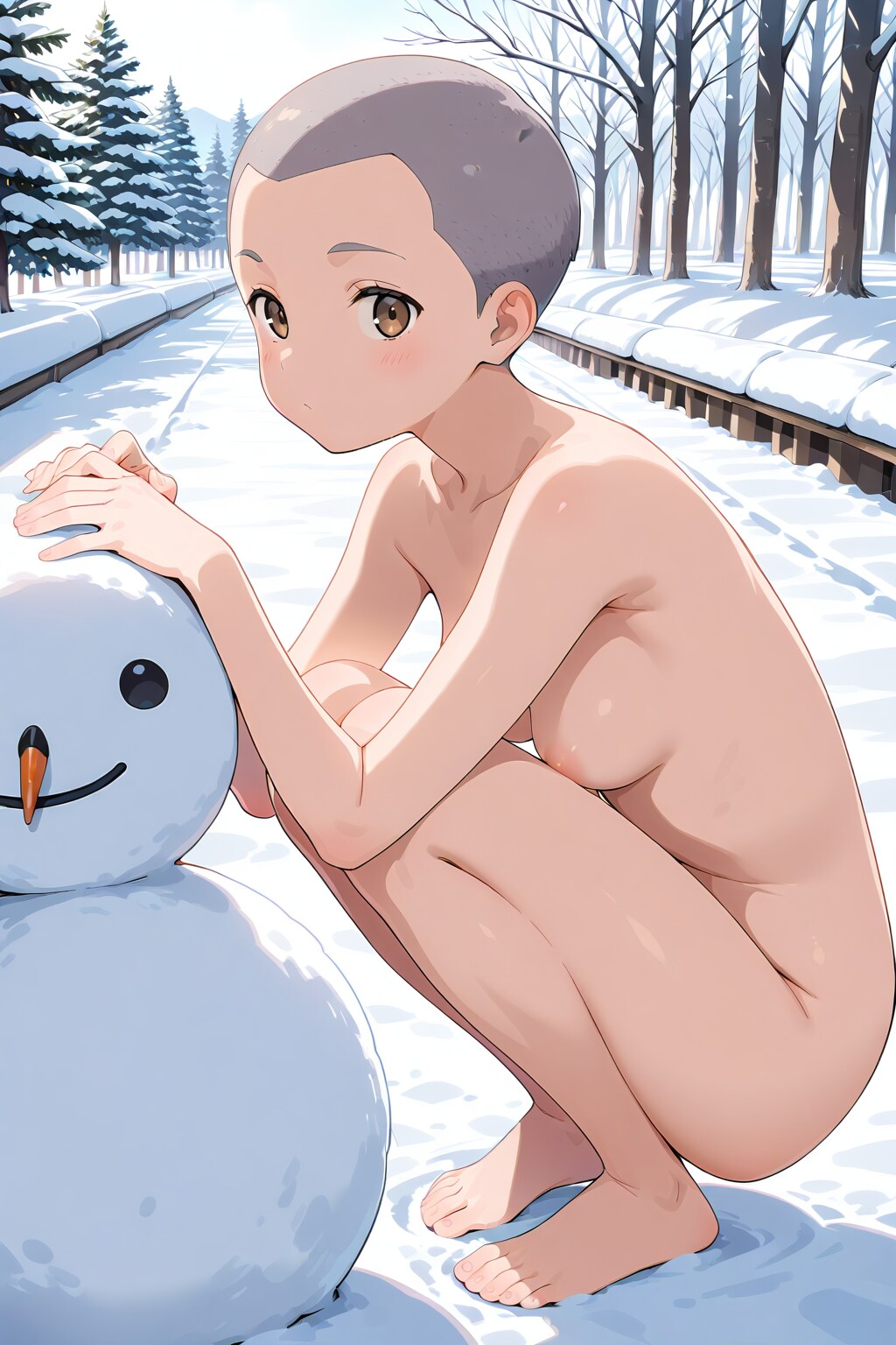剃髪女子が裸足で雪の上を全裸登校