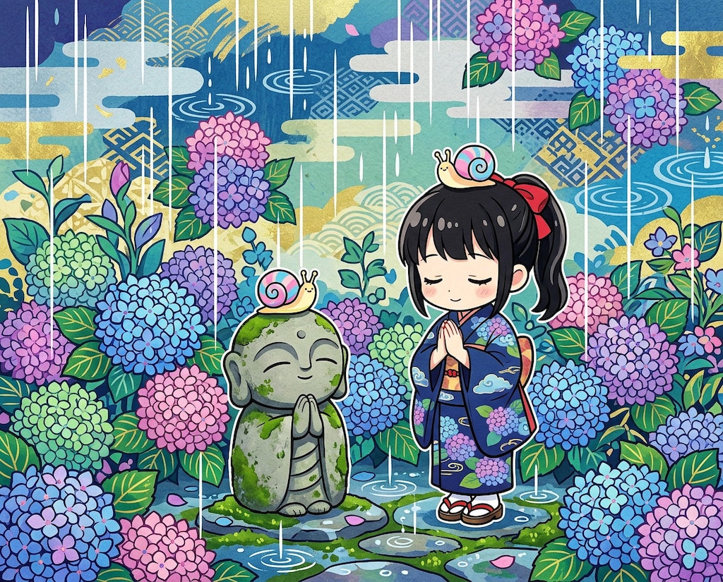 蝸牛地蔵と紫陽花
