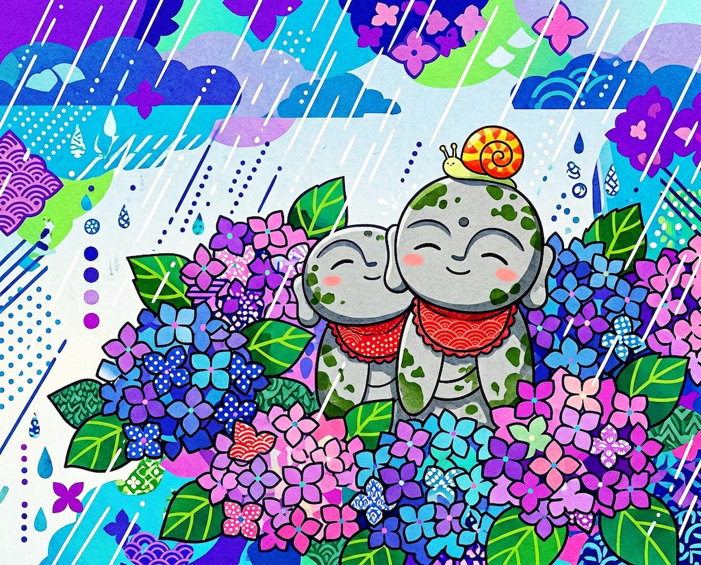 蝸牛地蔵と紫陽花