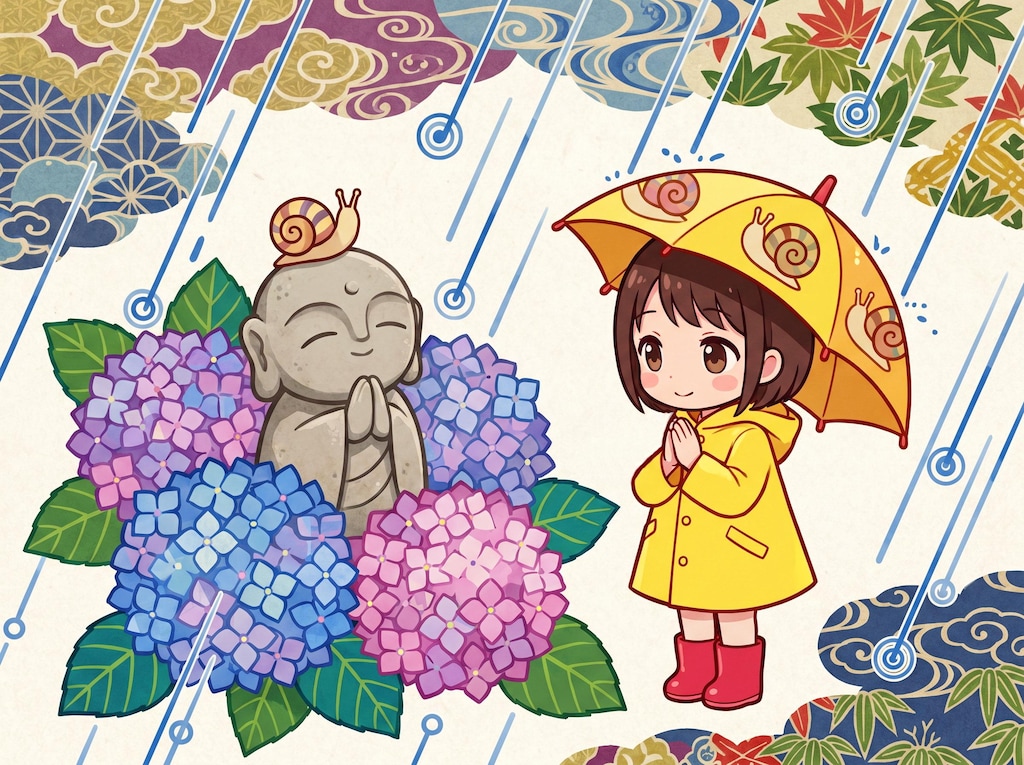 蝸牛地蔵と紫陽花