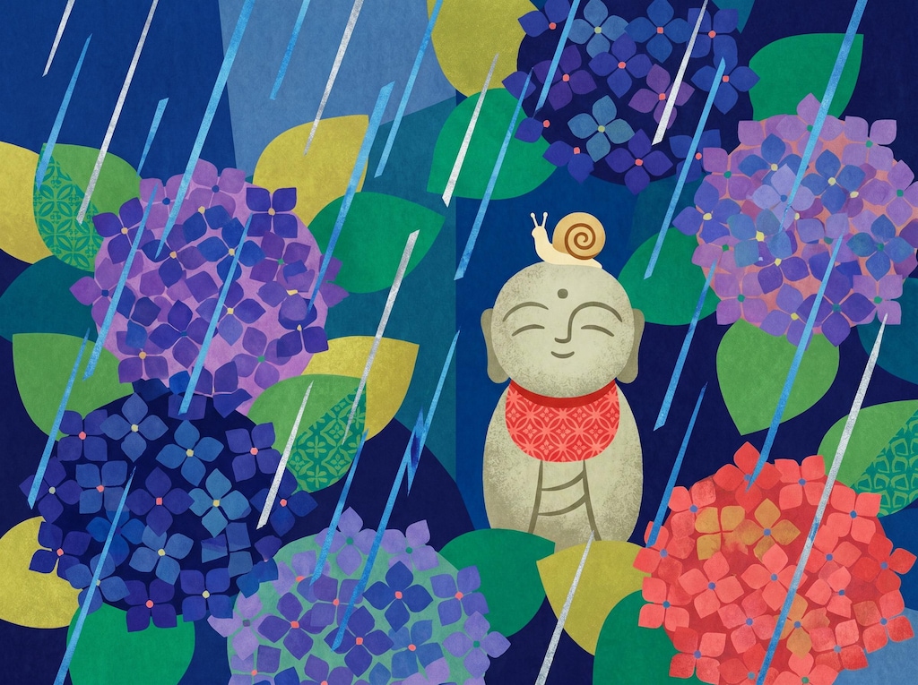 蝸牛地蔵と紫陽花