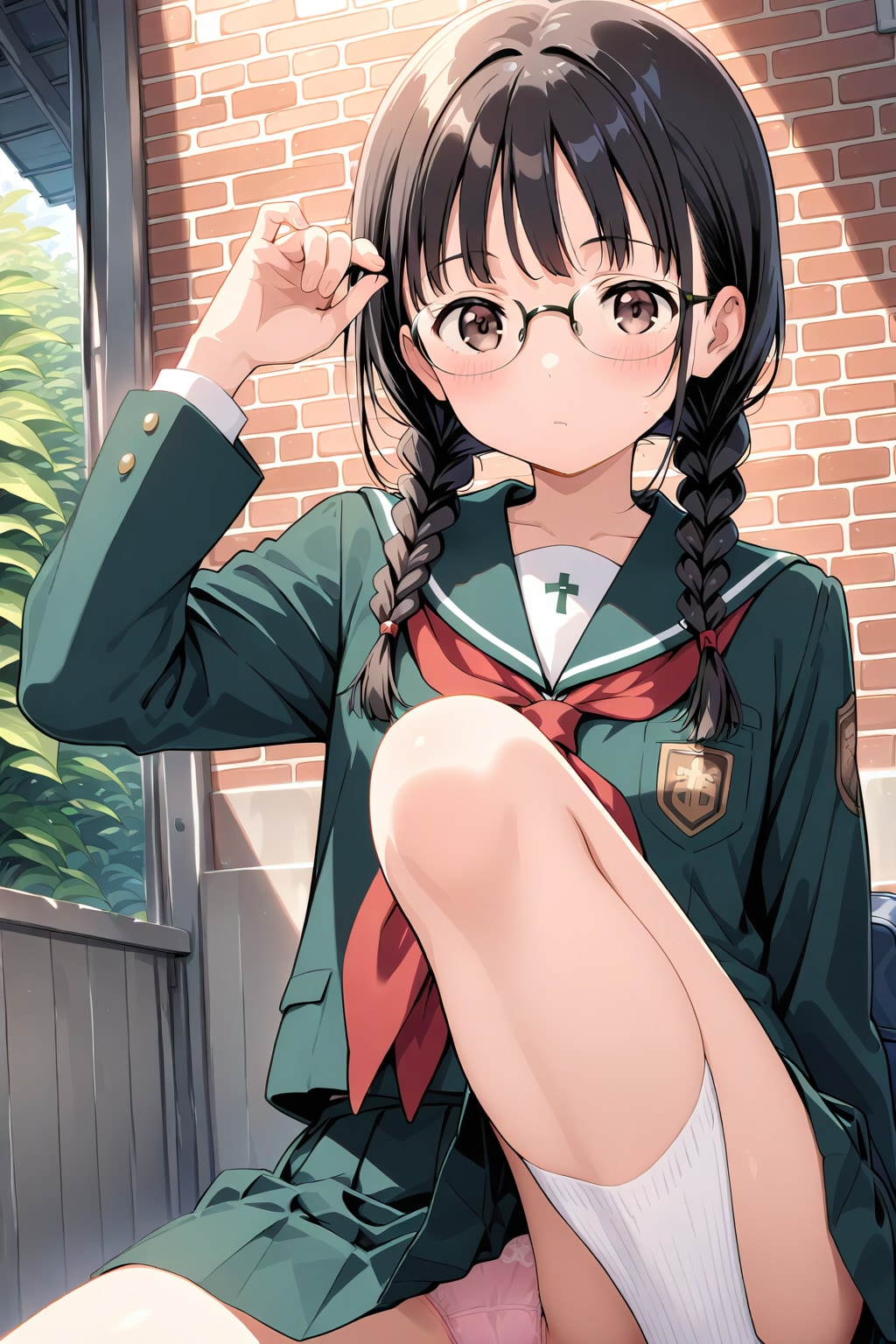 眼鏡三つ編みと緑色セーラー服
