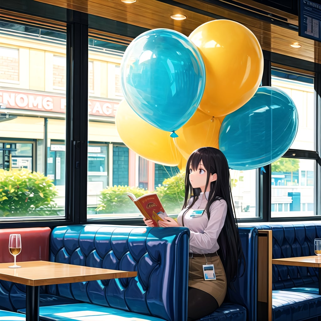 レストランで漫画を読みつつ巨大風船を膨らませる女性店員さん | の人気AIイラスト・グラビア