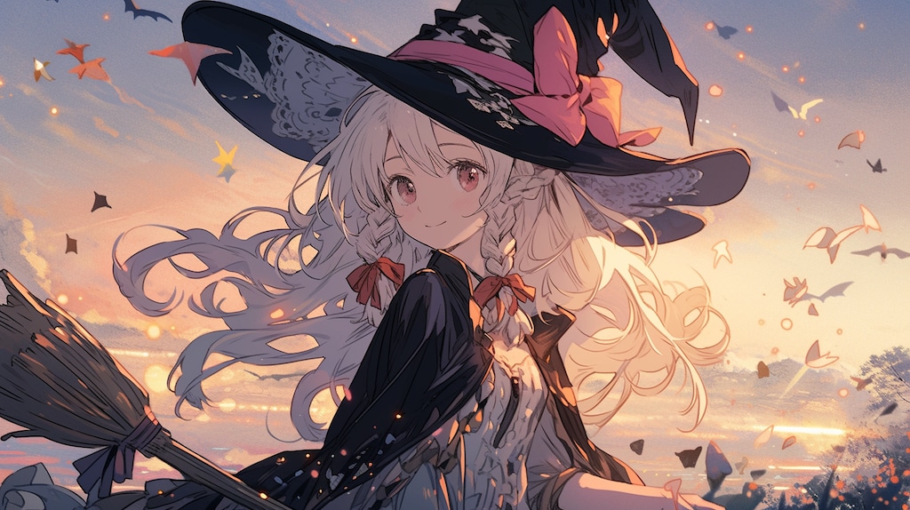 夕暮れの空を駆ける小さな魔女