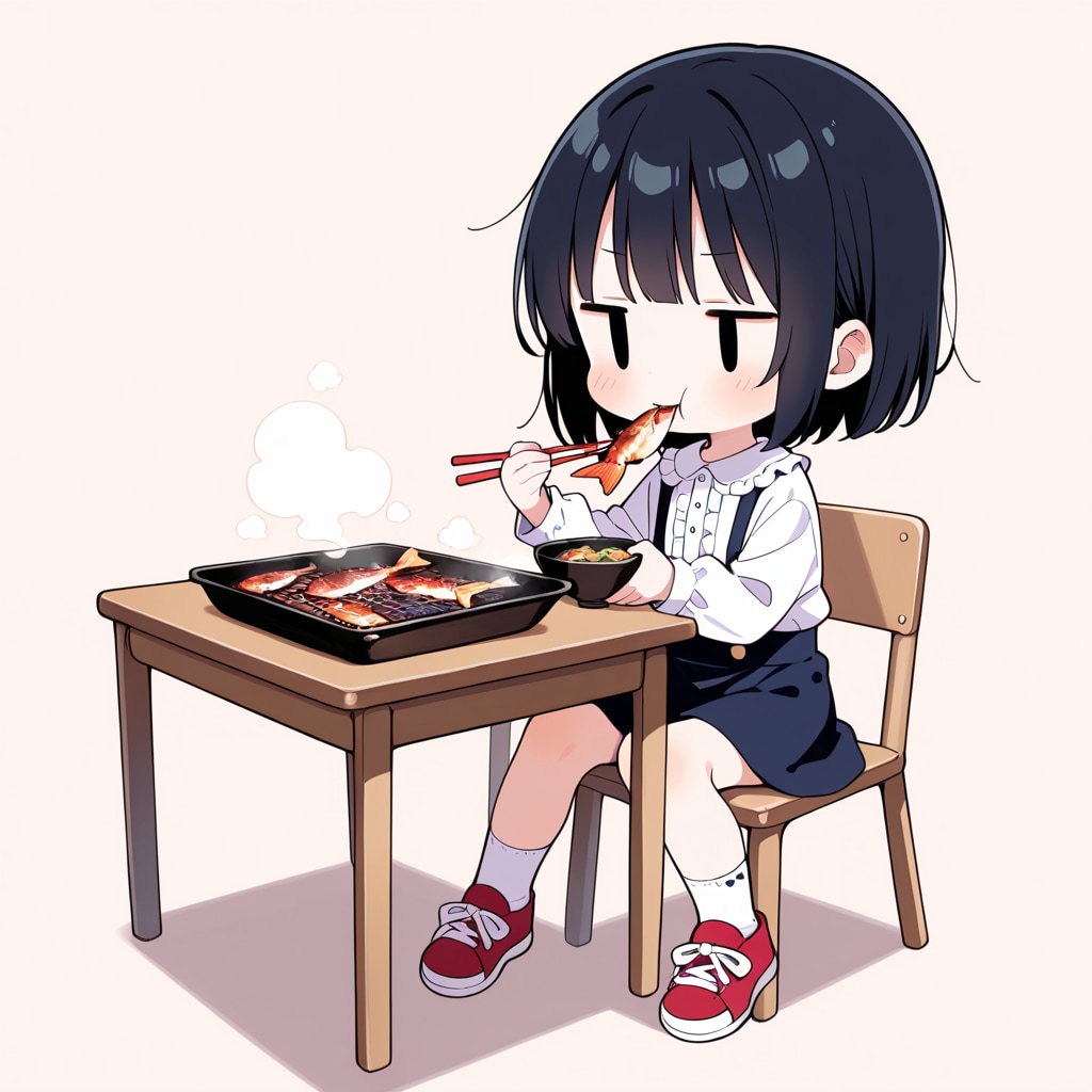 焼き魚を食べる