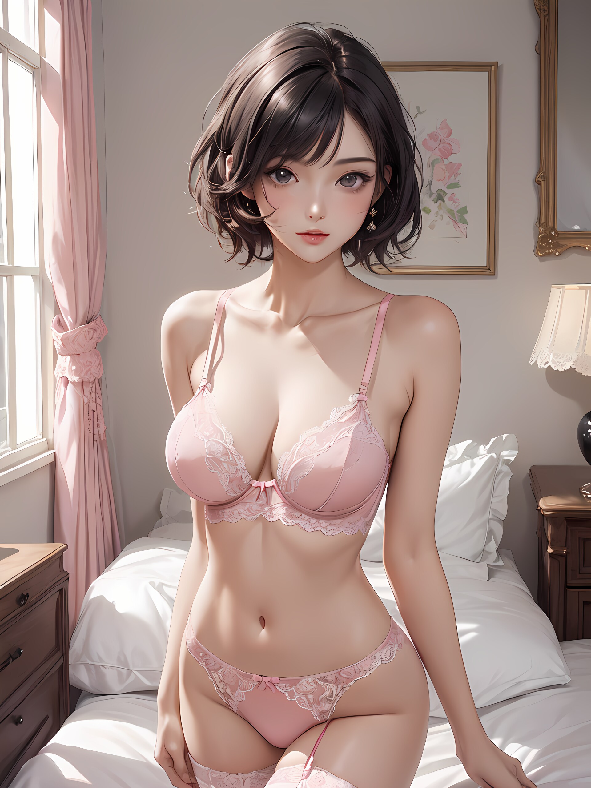 ピンクのランジェリーの黒髪少女