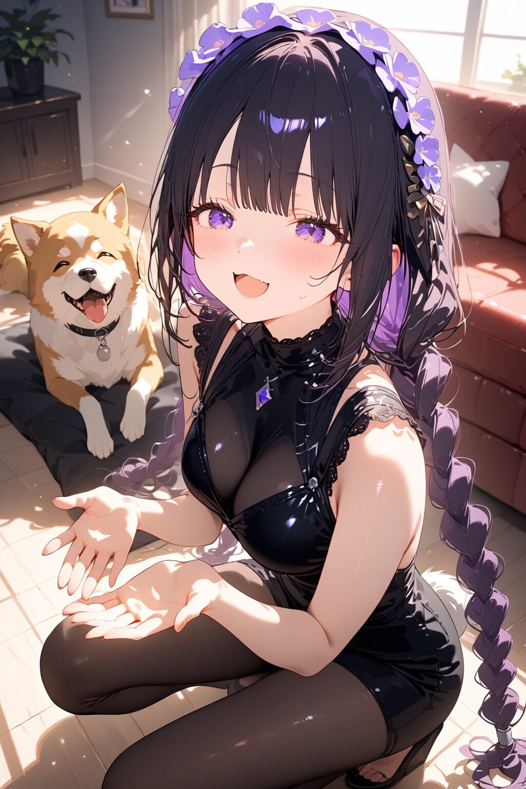 瑠奈さんのリビングで保護犬と触れ合う絵梨奈ちゃん❤️