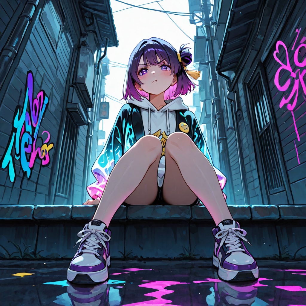 夜の路地裏で睨む紫髪パンクス | の人気AIイラスト・グラビア