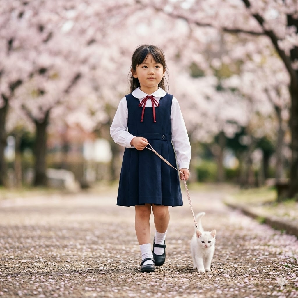 公園を子猫と散歩する少女
