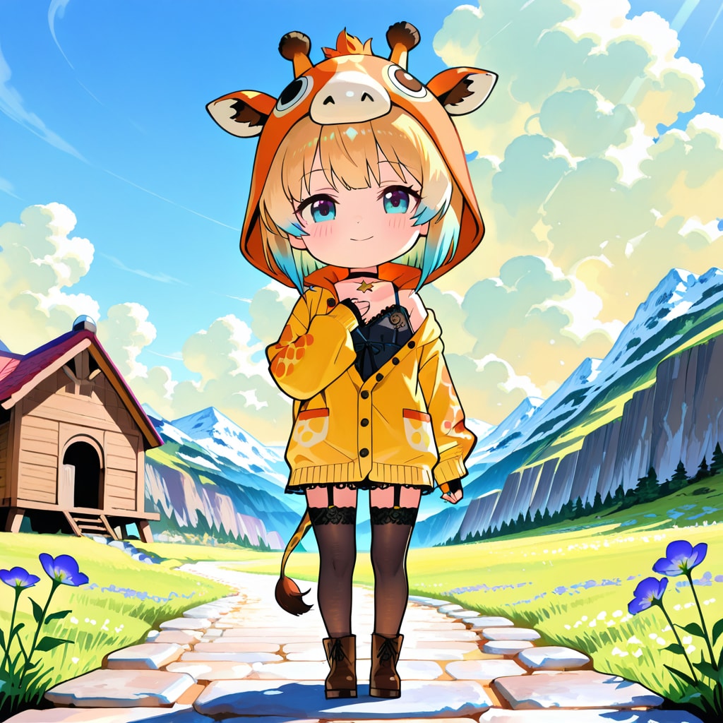 山に囲まれた高原の道と山小屋とキリンフーディーちび子ちゃん