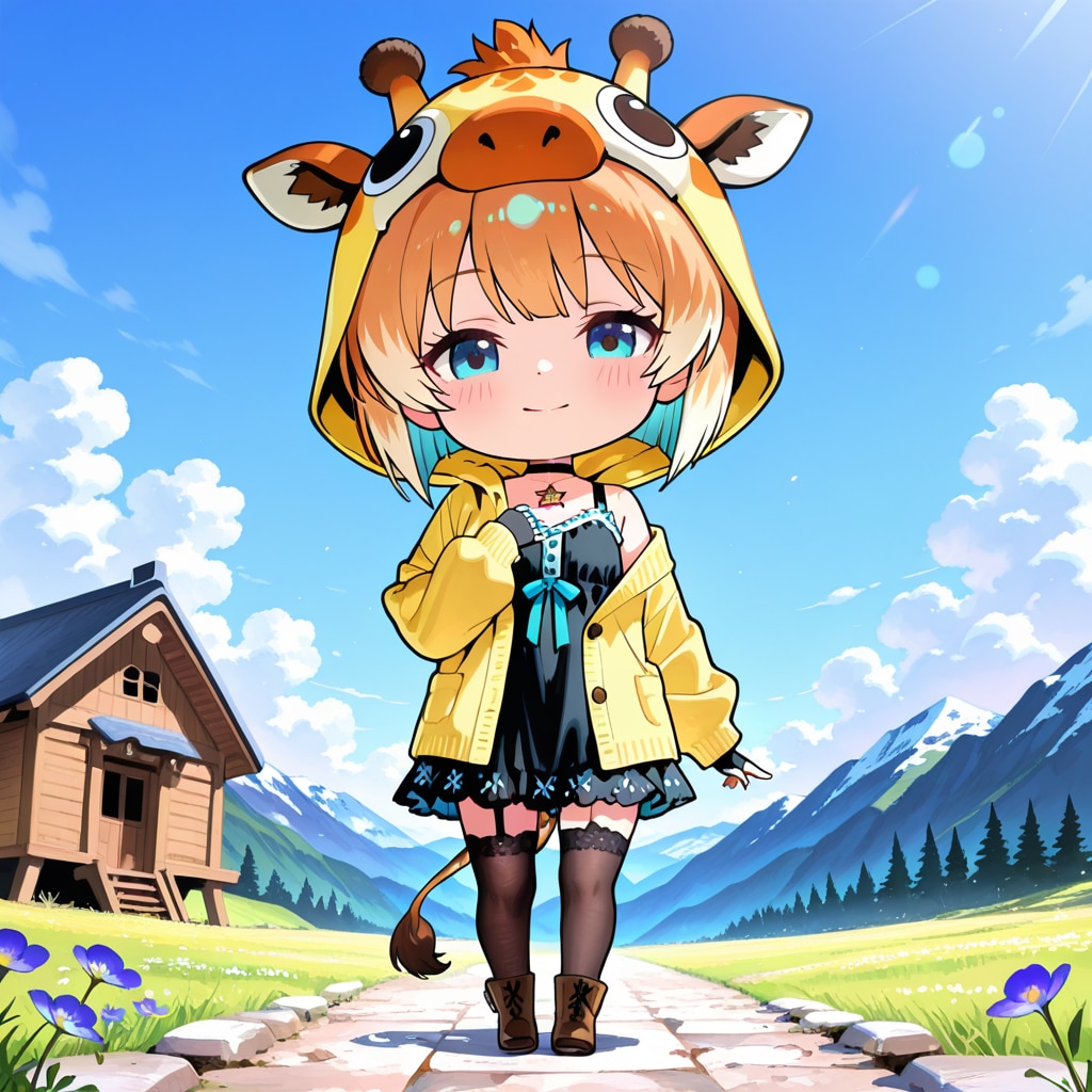 山に囲まれた高原の道と山小屋とキリンフーディーちび子ちゃん