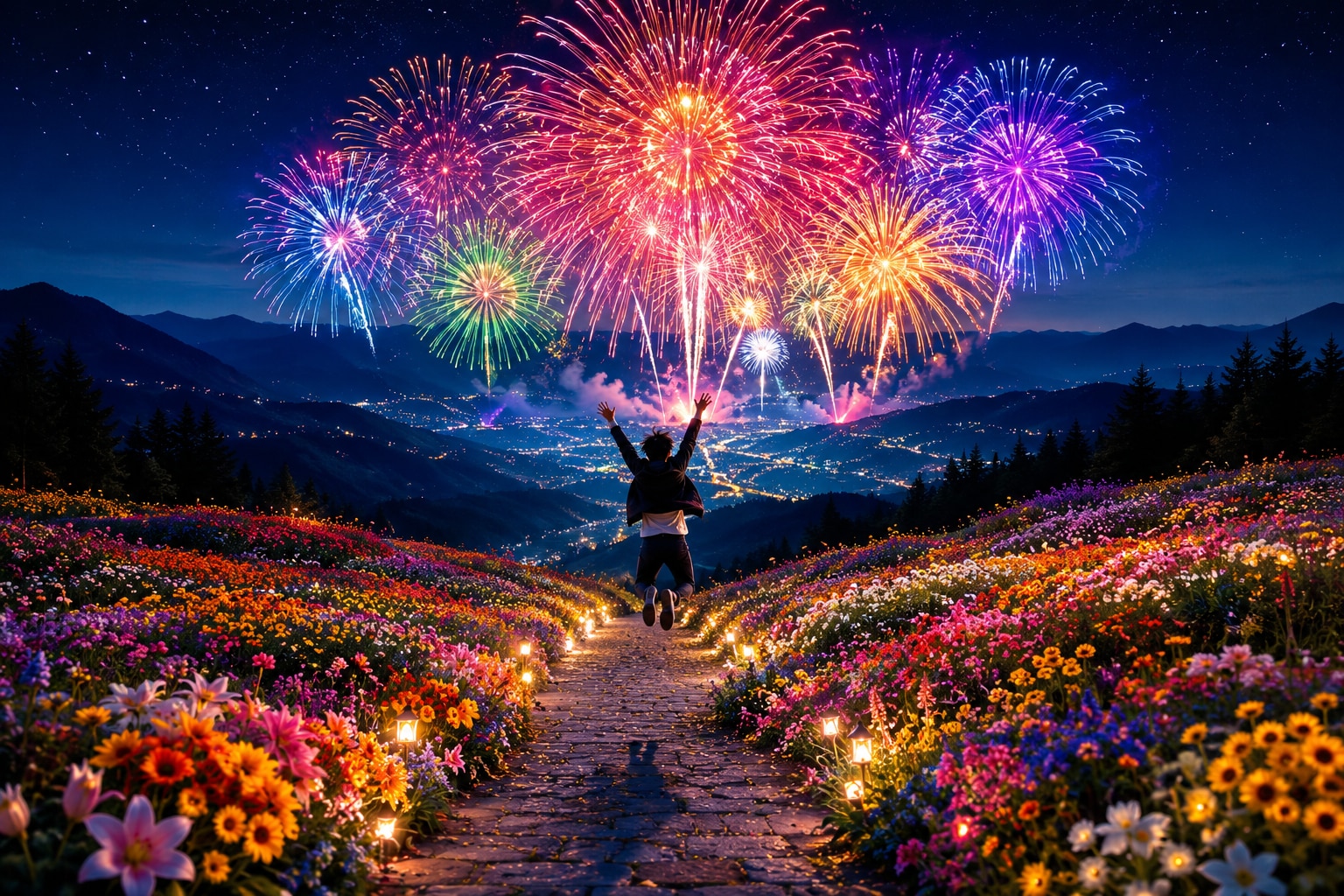 花火と花畑
