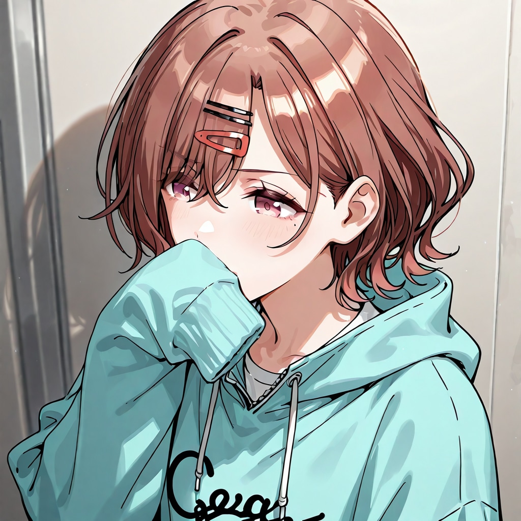 パーカーの袖で鼻を拭いている樋口円香(水色のパーカー) | の人気AIイラスト・グラビア