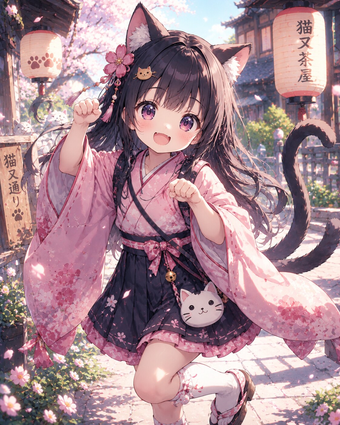 春の街並みと猫又の少女。