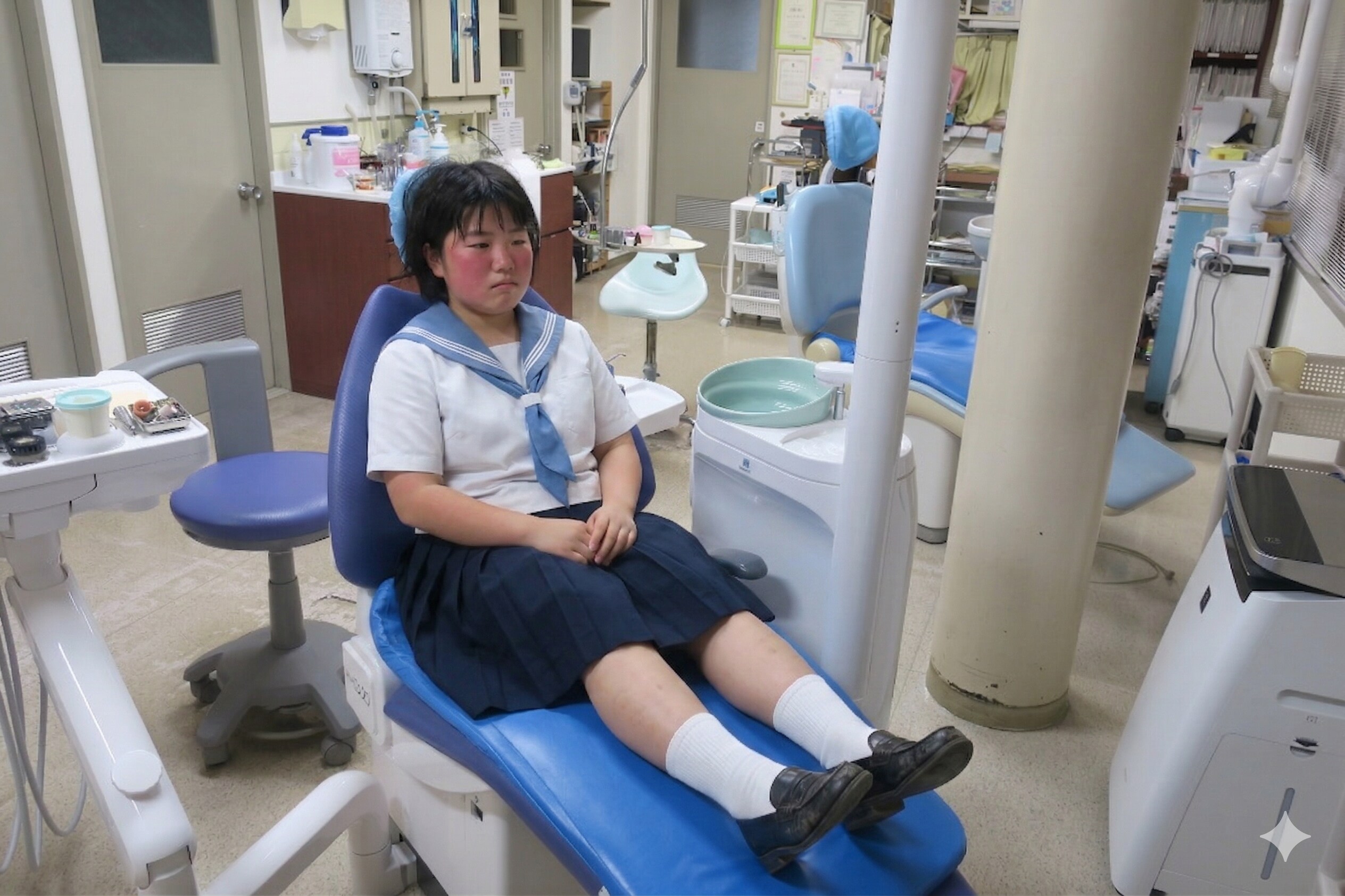 田舎の歯科医院で緊張して治療を待つ女子高生④