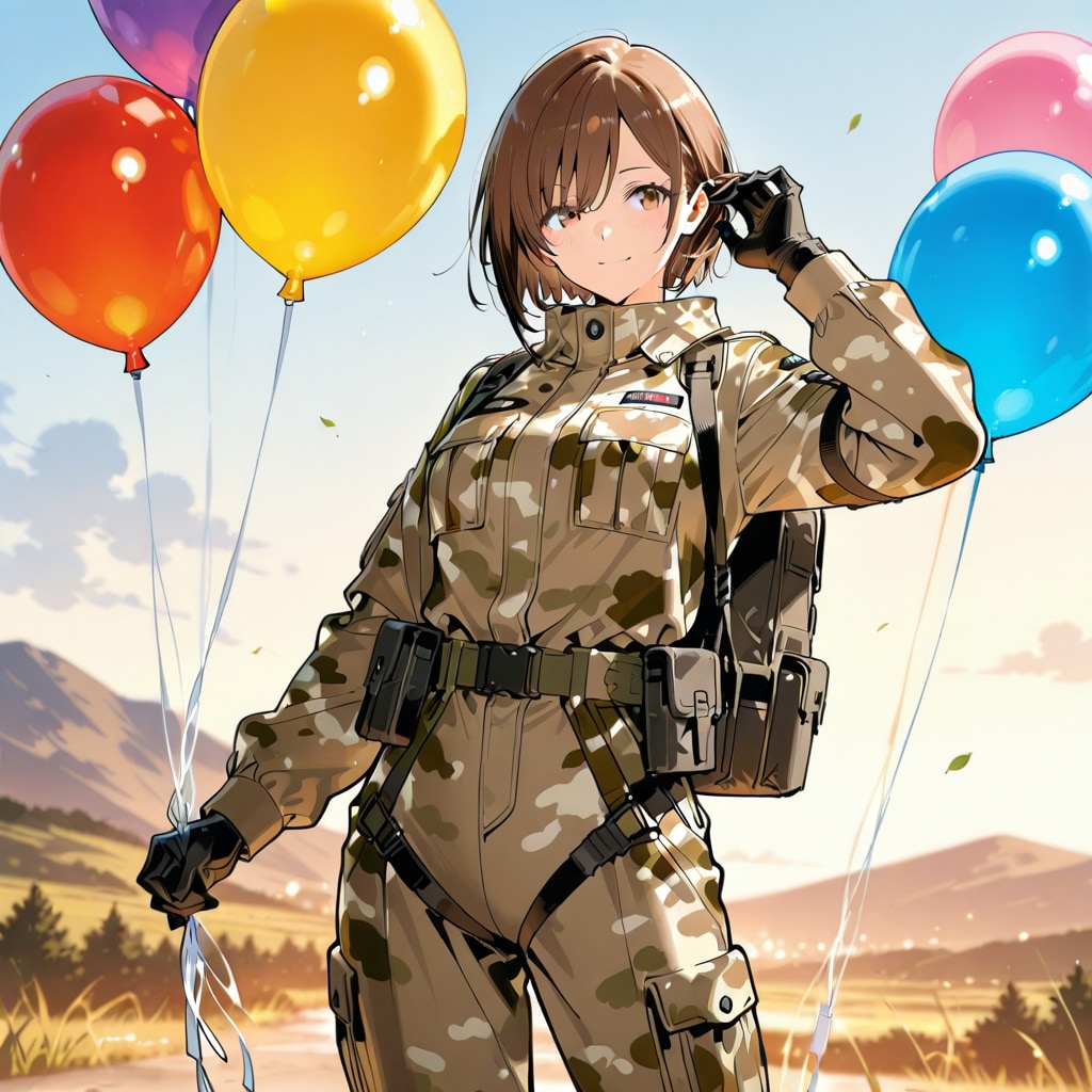 いっぱい風船を持つブラウンショートカットの迷彩服着た美女