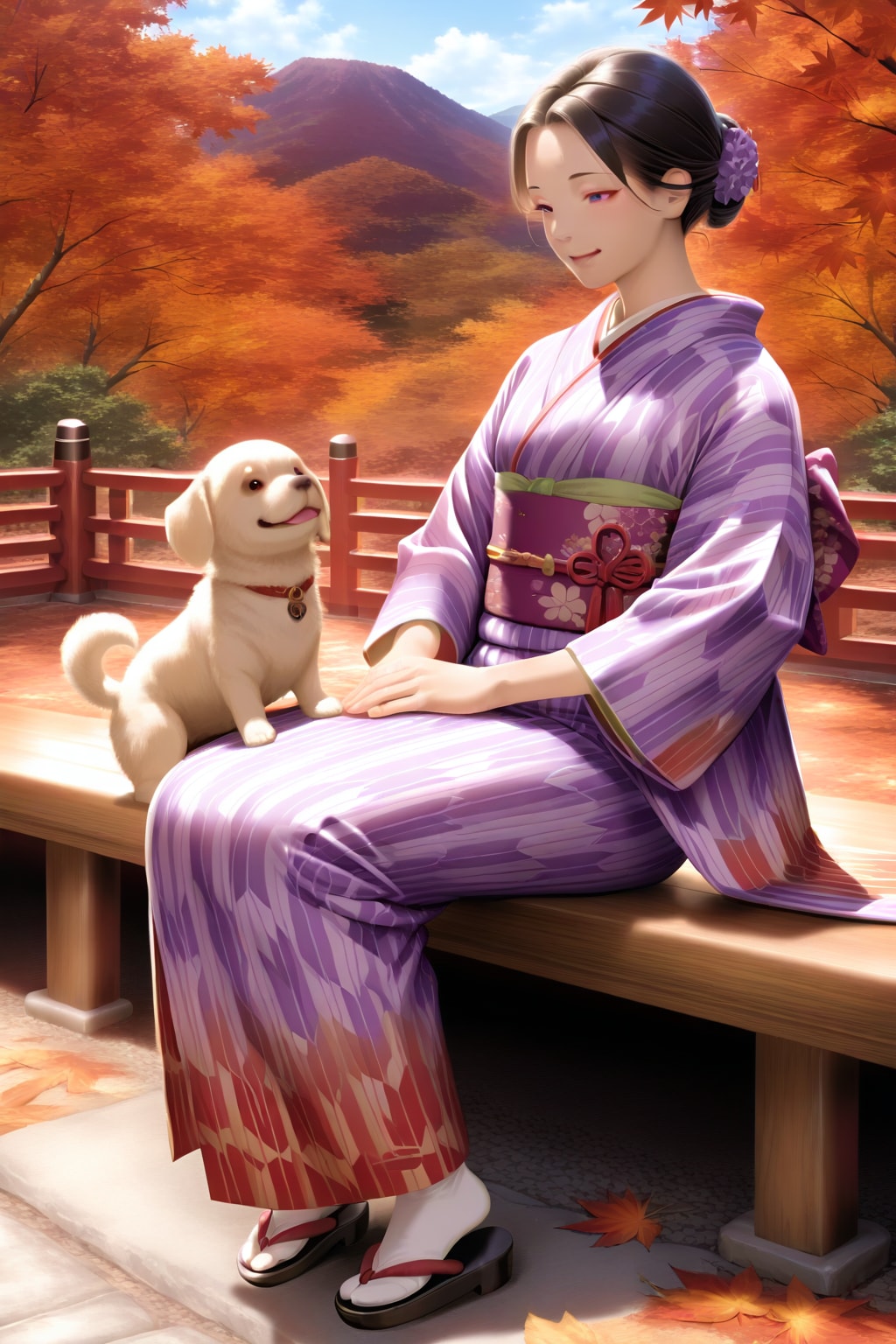 着物を着た女性の足元で戯れる子犬 | の人気AIイラスト・グラビア