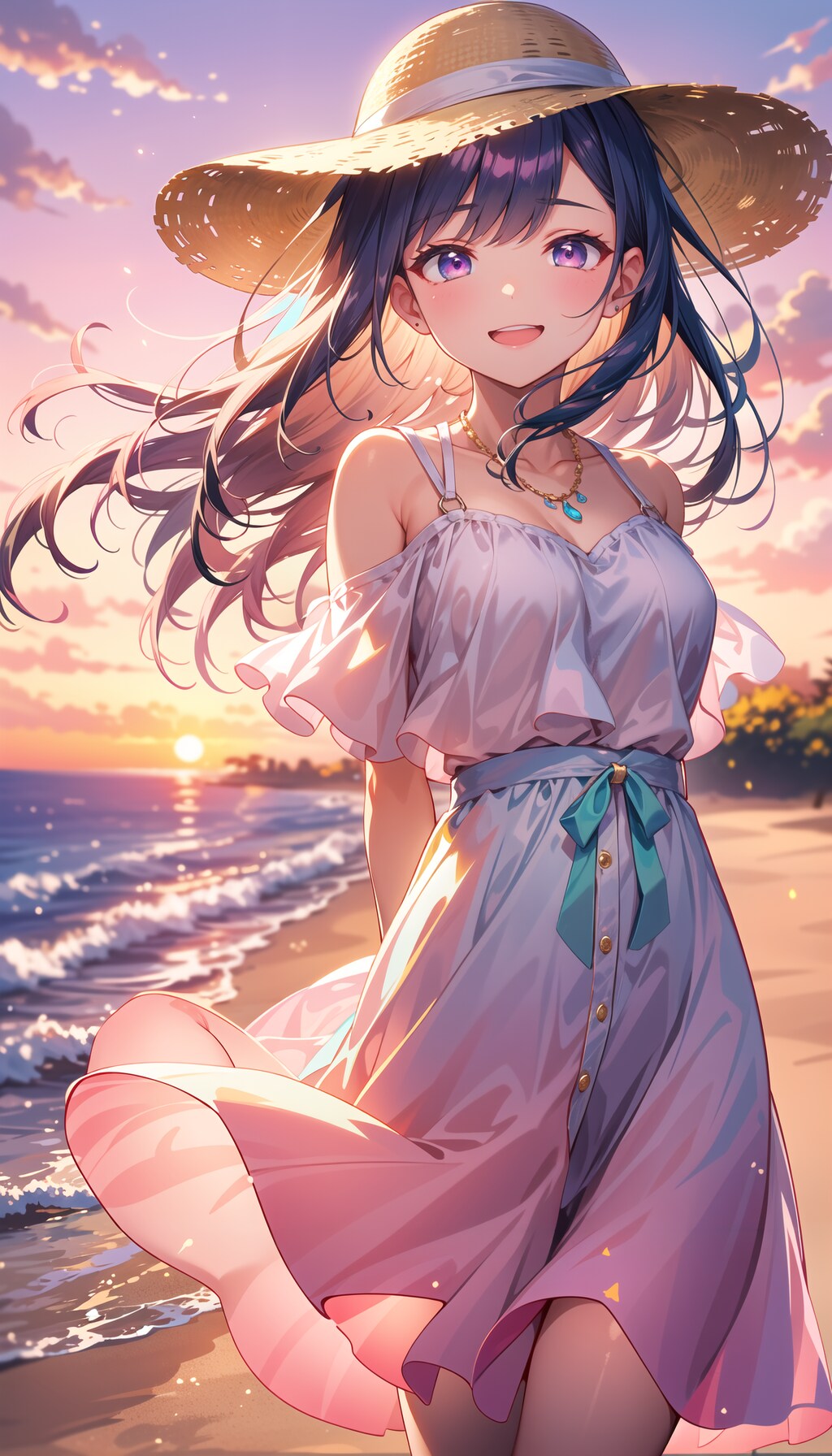 沈む夕日と輝く笑顔