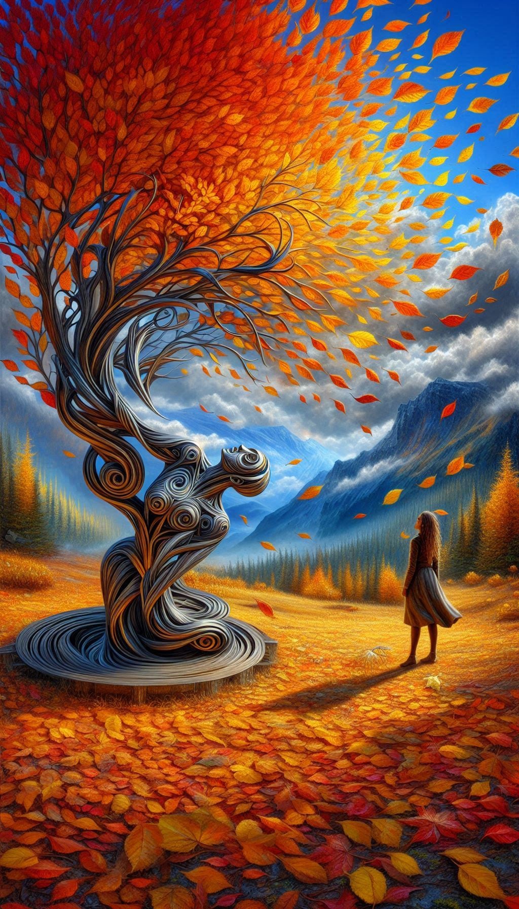 芸術の秋という彫刻作品とその作者を描いた油彩画のAI生成画像