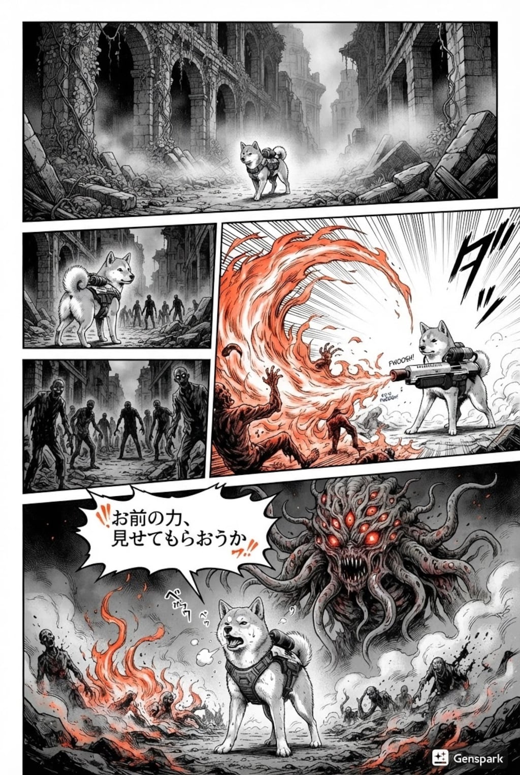 廃墟で戦う柴犬
