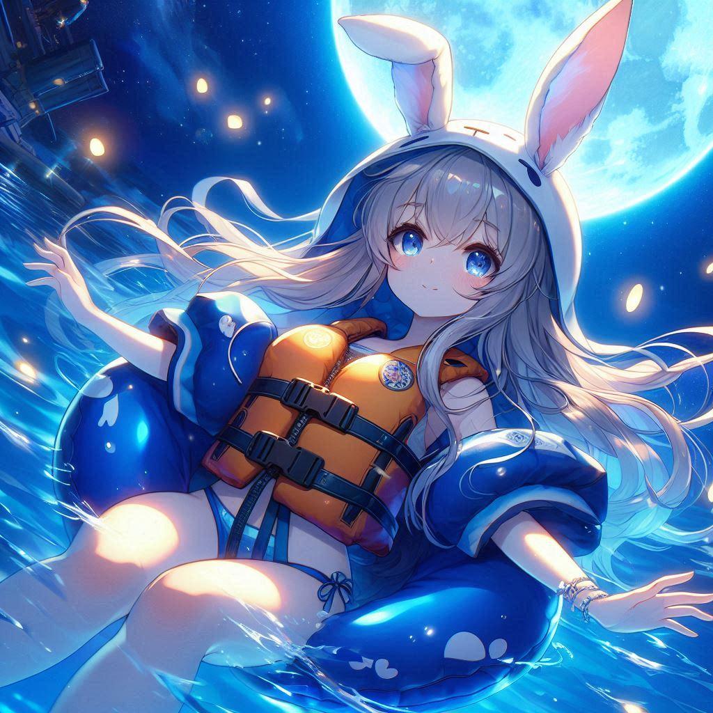ライフジャケットを着たウサギ耳の女の子。