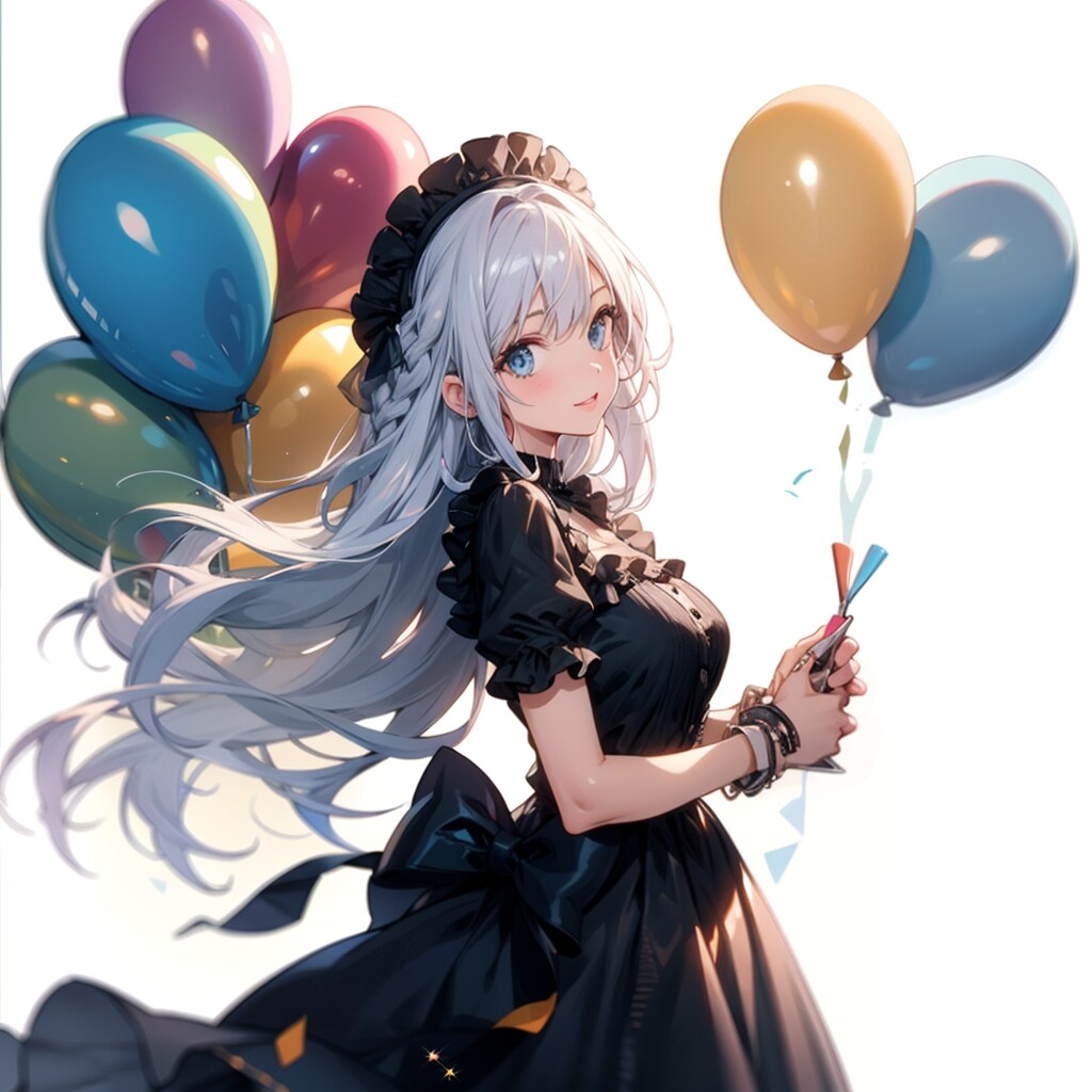 いっぱい色とりどりの風船を持つ白い髪ロングの黒いドレス着た美女 | の人気AIイラスト・グラビア