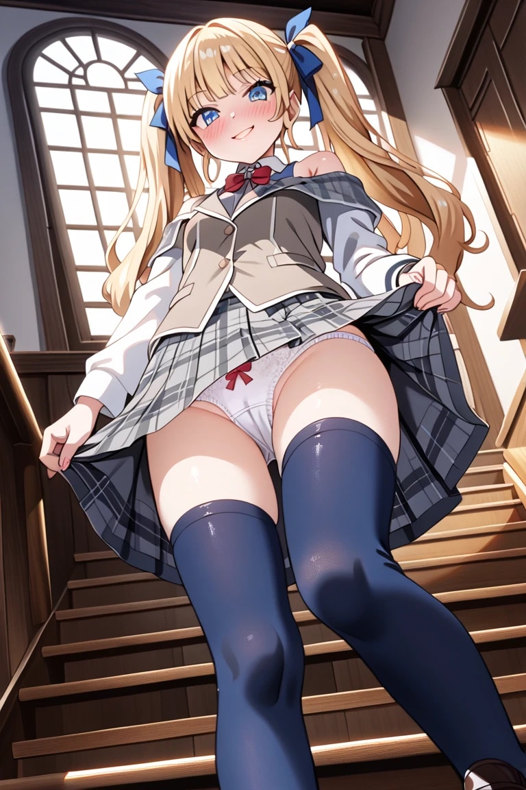 階段でスカートめくり白パンツパンチラ♡ 金髪ツインテ制服莉奈のあざとい照れ顔😳