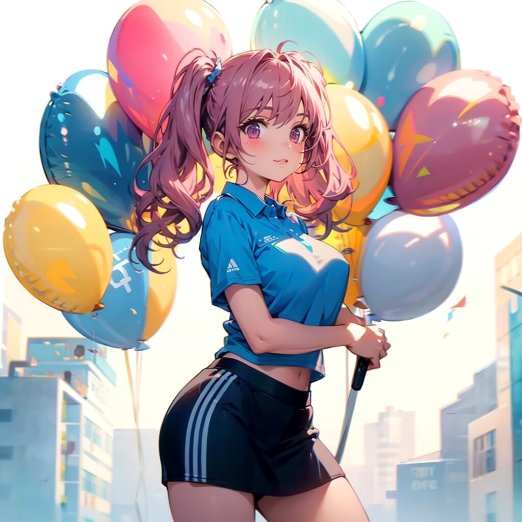 いっぱい色とりどりの風船を持つピンク髪ツインテールのゴルフウェア着た美女